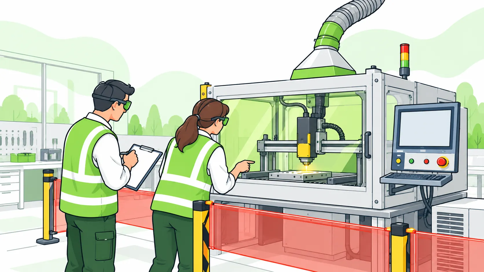 Two safety assessors inspect an enclosed laser workstation with protective eyewear, extraction and a marked access barrier.
