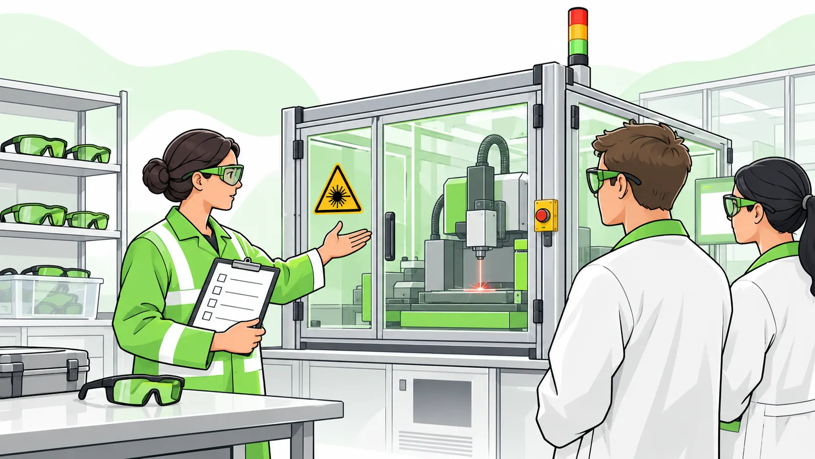 Laser safety officer briefs two technicians wearing protective eyewear beside a guarded laser workstation and laser hazard pictogram.
