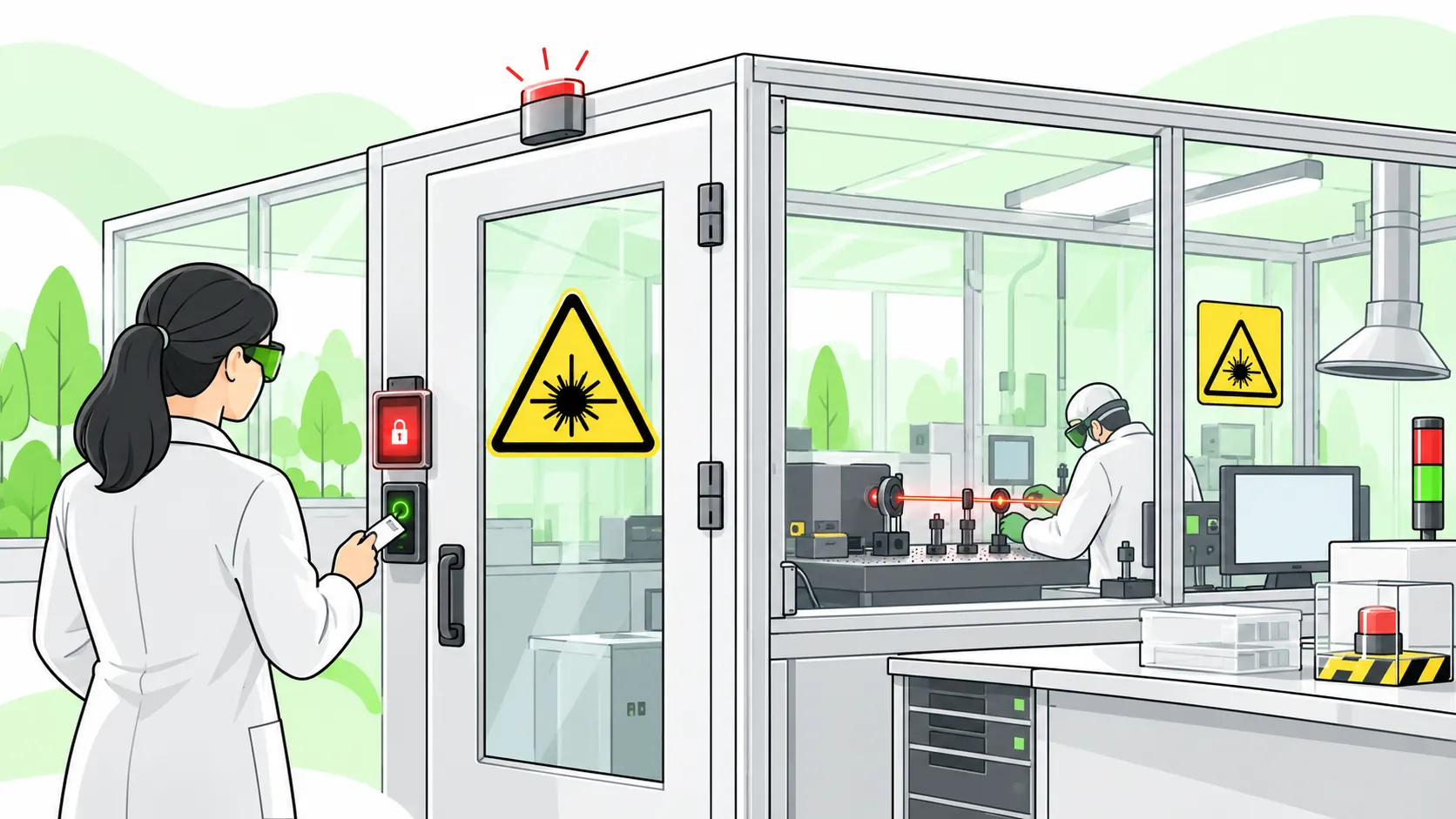 Laser laboratory entrance displays laser hazard pictograms beside access controls, with a protected technician at a laser bench inside.