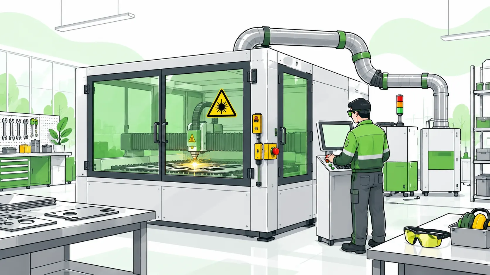Operator uses an enclosed laser cutter with interlocked doors, extraction, a laser hazard pictogram and protective eyewear.