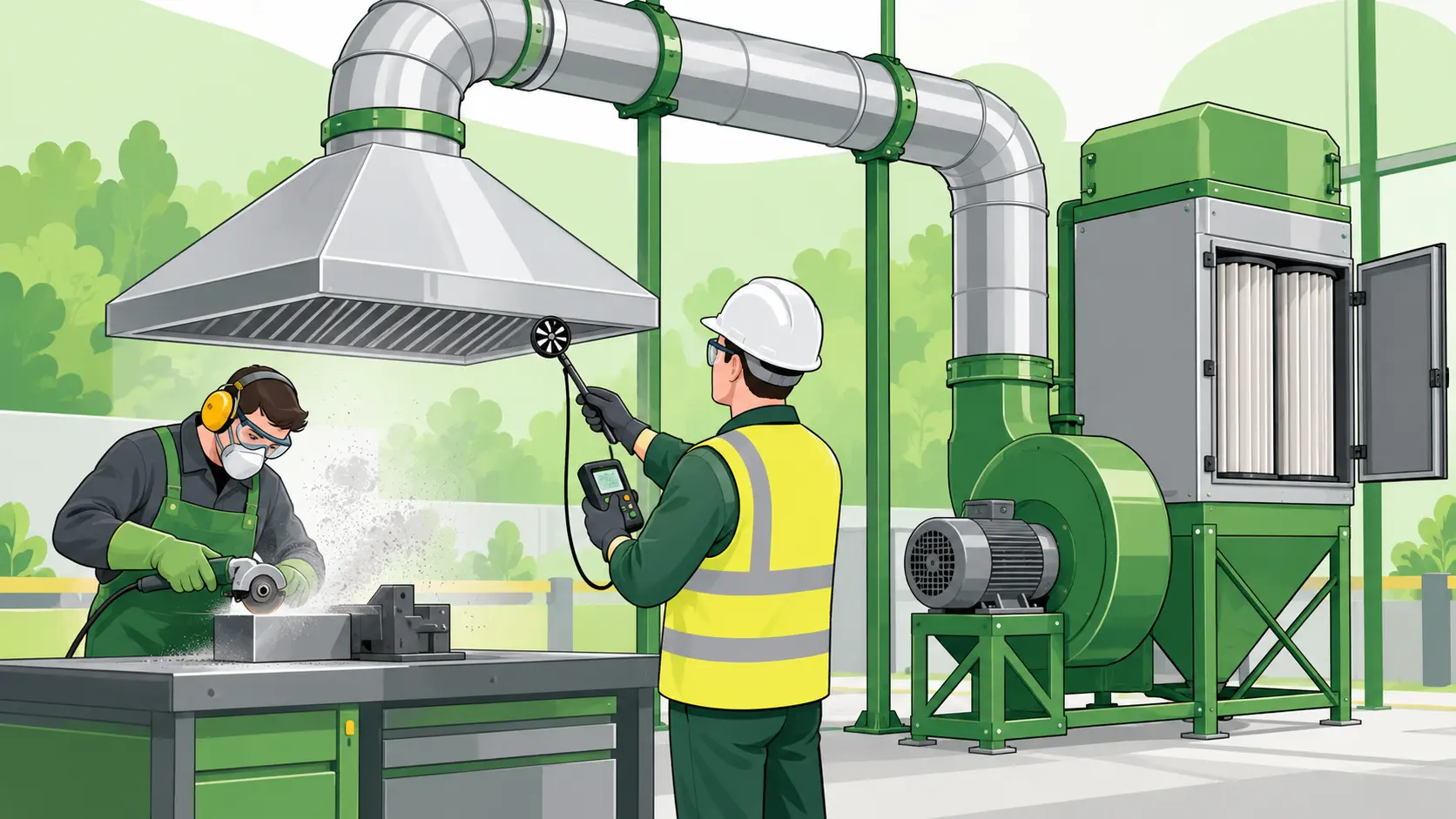 A technician measures airflow at a local exhaust ventilation hood while a protected worker uses a controlled grinding process beside maintained ducting and filtration.