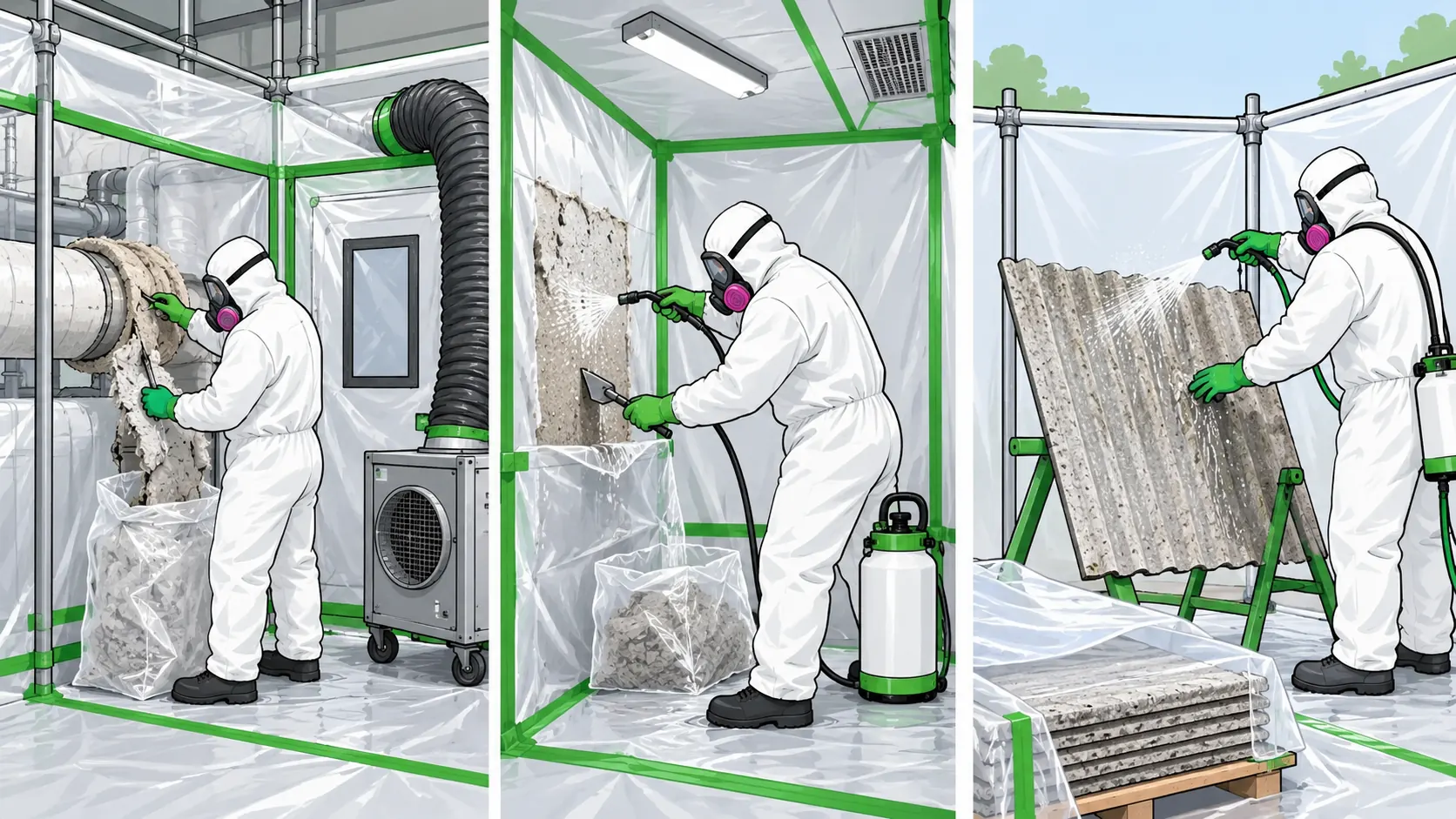 Protected asbestos workers use enclosed and controlled wet methods for different asbestos tasks with extraction and segregated work areas.