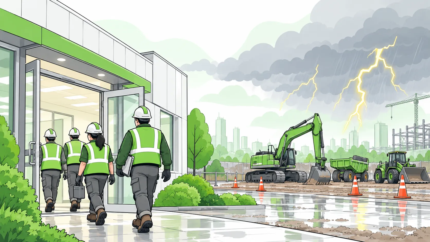 Outdoor workers enter an enclosed building while lightning approaches and construction equipment remains parked.