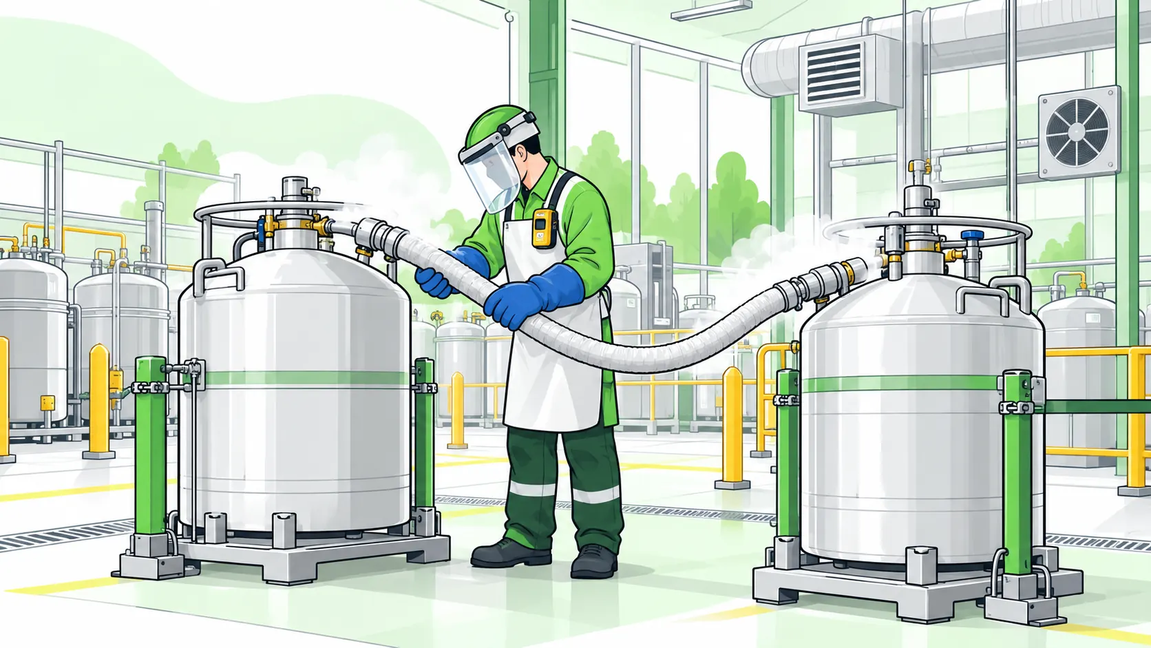 Technician wearing cryogenic gloves and a face shield transfers liquid nitrogen through an insulated hose between secured vessels in a ventilated room.