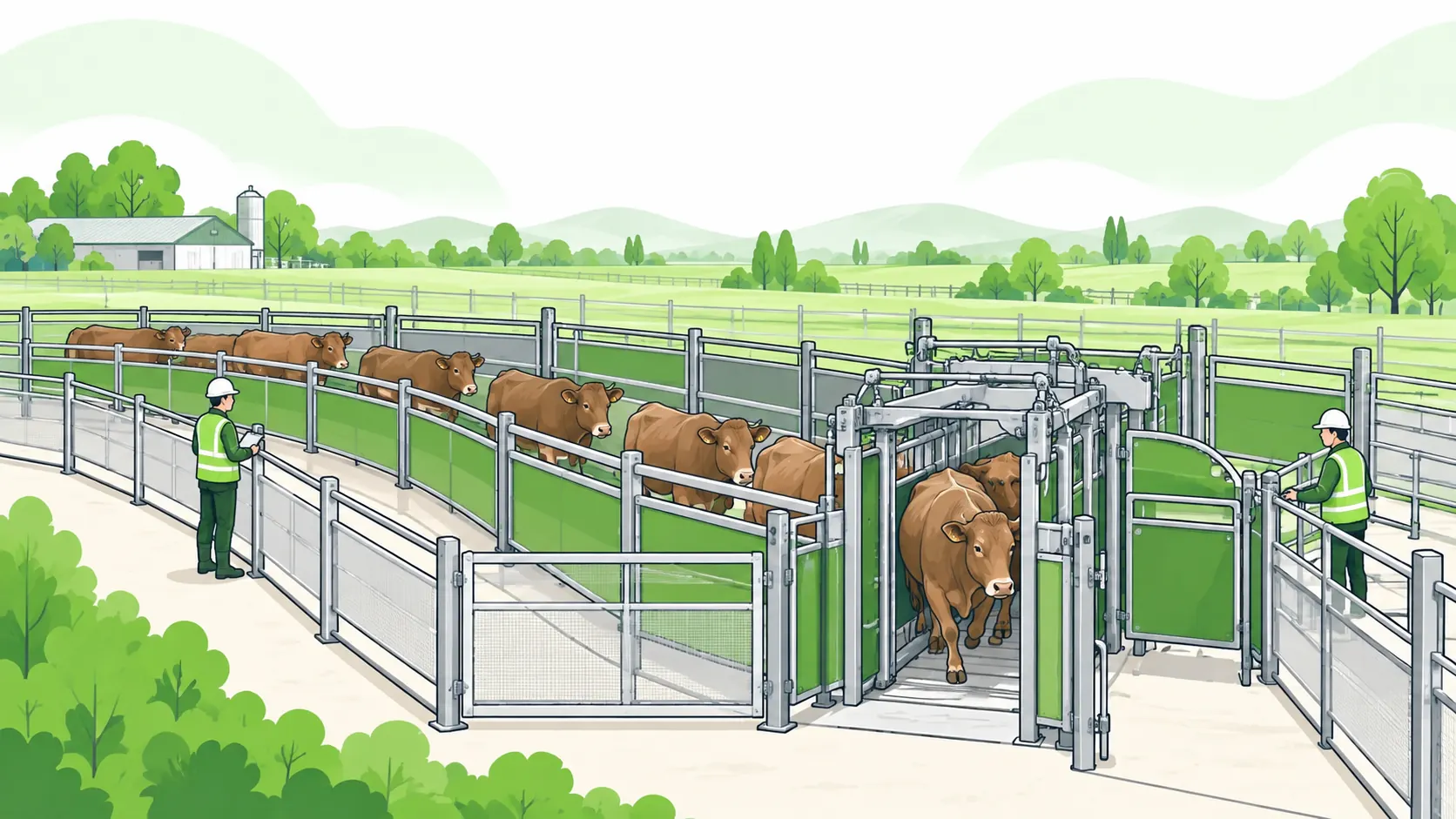 Two stockpeople guide cattle through a fenced handling race while staying in protected pedestrian passages beside an escape gate.