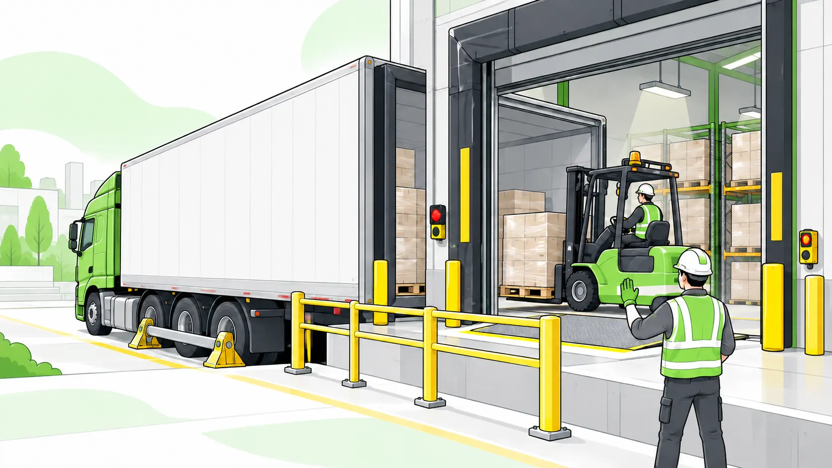 A restrained trailer, dock leveller, pedestrian barriers, forklift and spotter create a controlled loading bay operation.