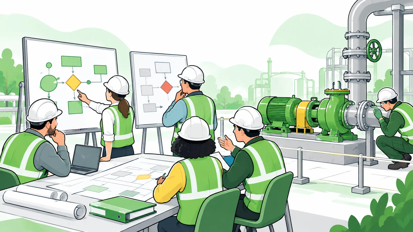 Industrial team reviews process changes using unlabeled workflow diagrams beside a new pump and piping installation.