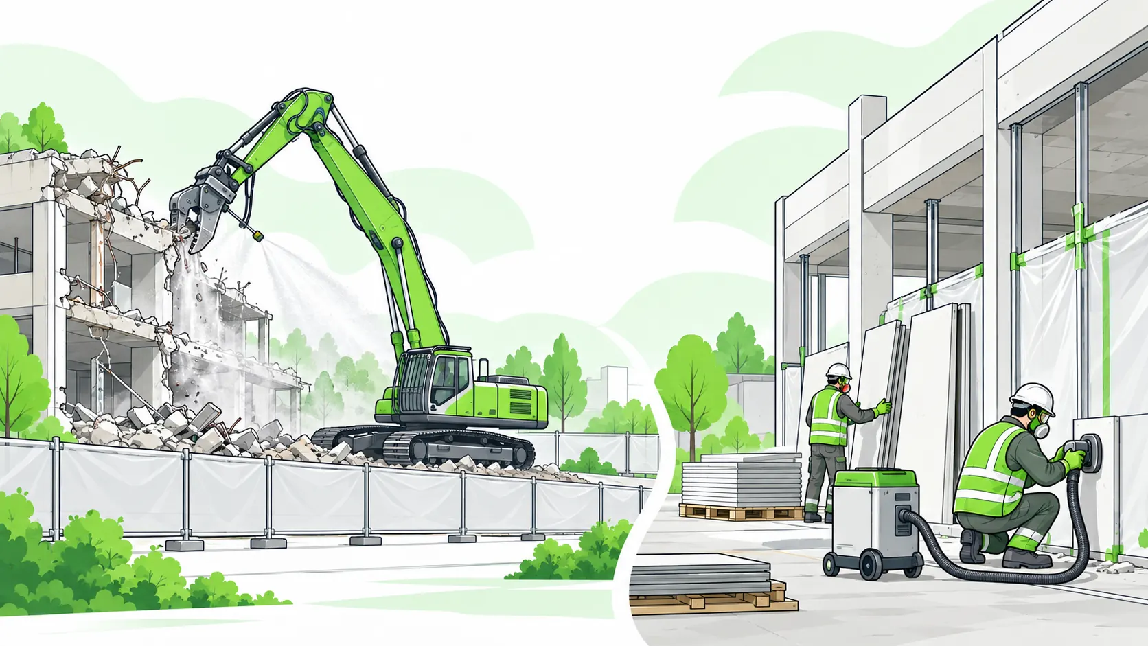 Separate scenes compare fenced mechanical demolition with dust suppression and controlled manual removal of nonstructural panels.