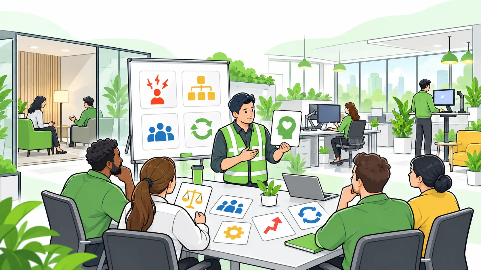 A safety professional and worker group assess psychosocial hazards and plan workplace controls in an office.