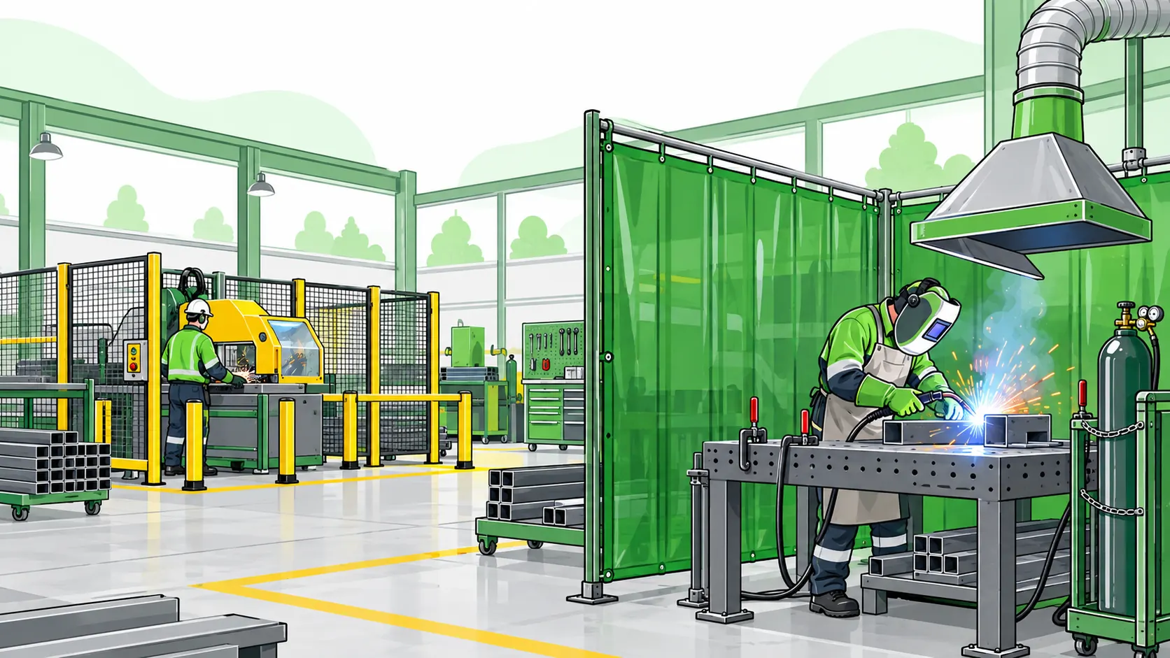 Fabrication workshop uses a screened welding bay with local exhaust ventilation, guarded machinery and secured gas cylinders.