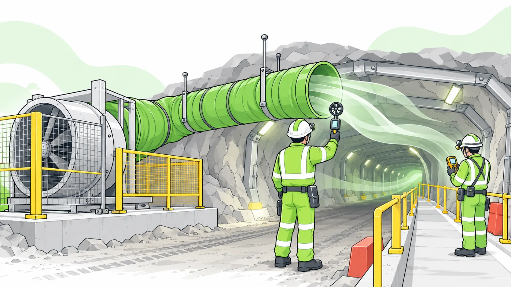 A miner measures airflow from ventilation ducting in a supported mine tunnel while a colleague checks a gas monitor.