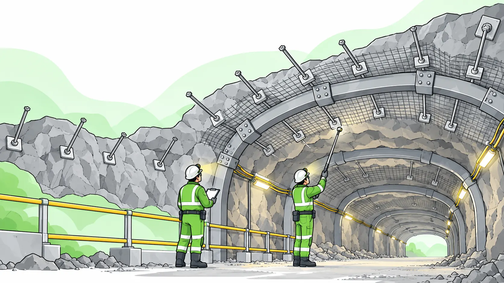 Miners inspect roof bolts, protective mesh and steel supports in a reinforced underground mine tunnel.