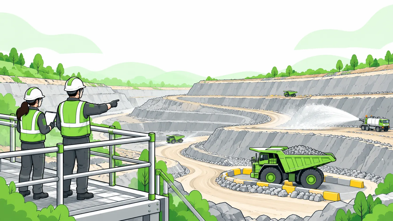 Safety staff observe a terraced surface mine with bermed haul roads, dust suppression and separated pedestrian access.