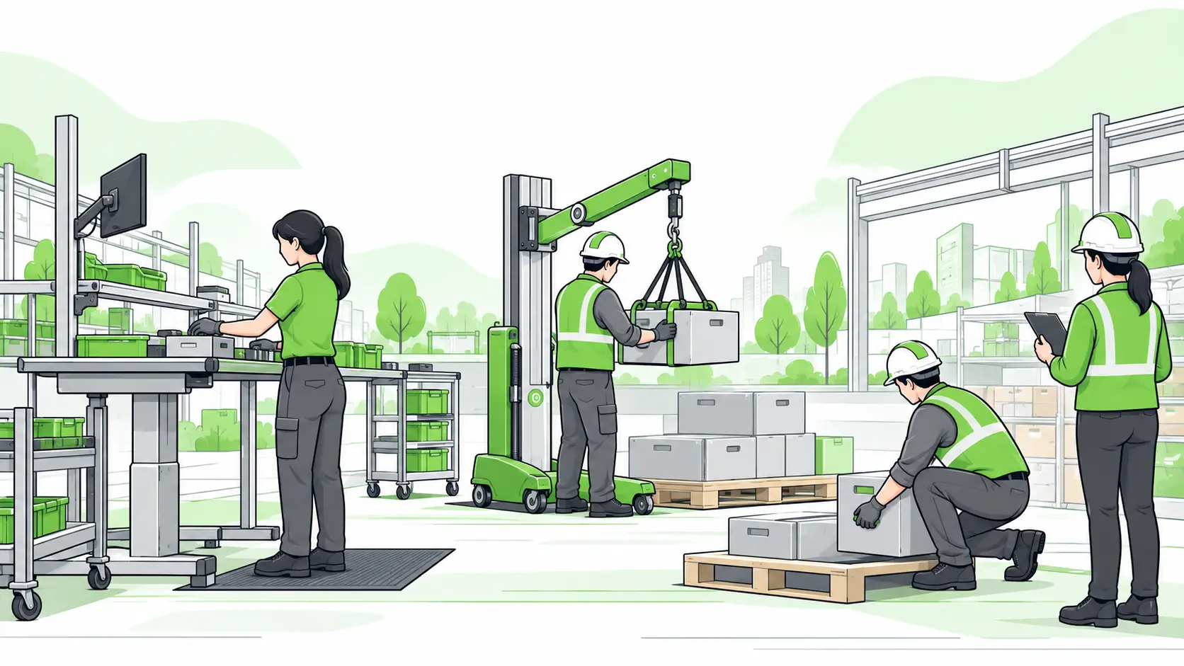 Workers use an adjustable workstation and mechanical lifting aid while an ergonomist observes posture and handling technique.