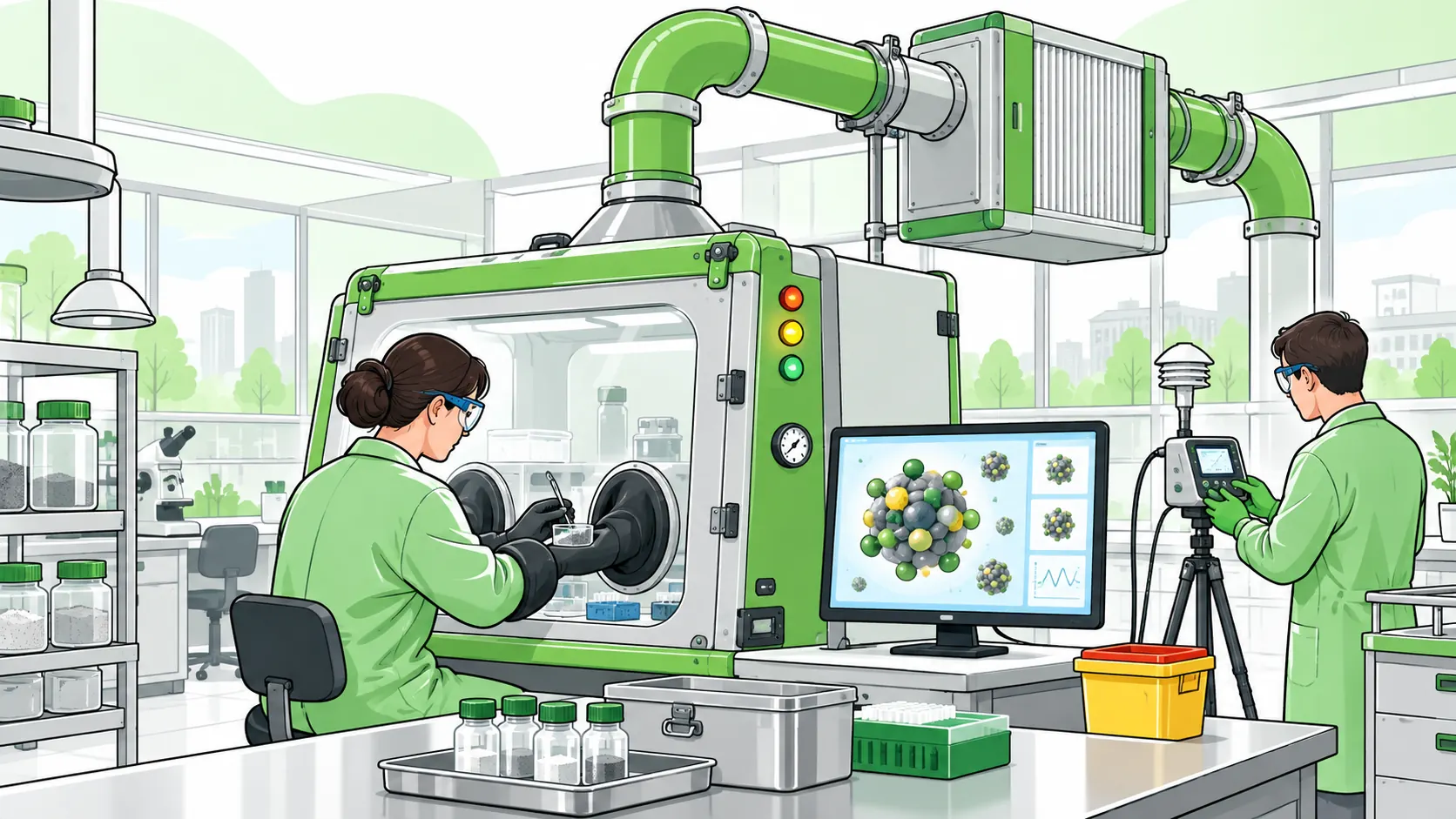 Researchers handle nanomaterials inside a sealed ventilated glovebox and monitor airborne particles in a laboratory.