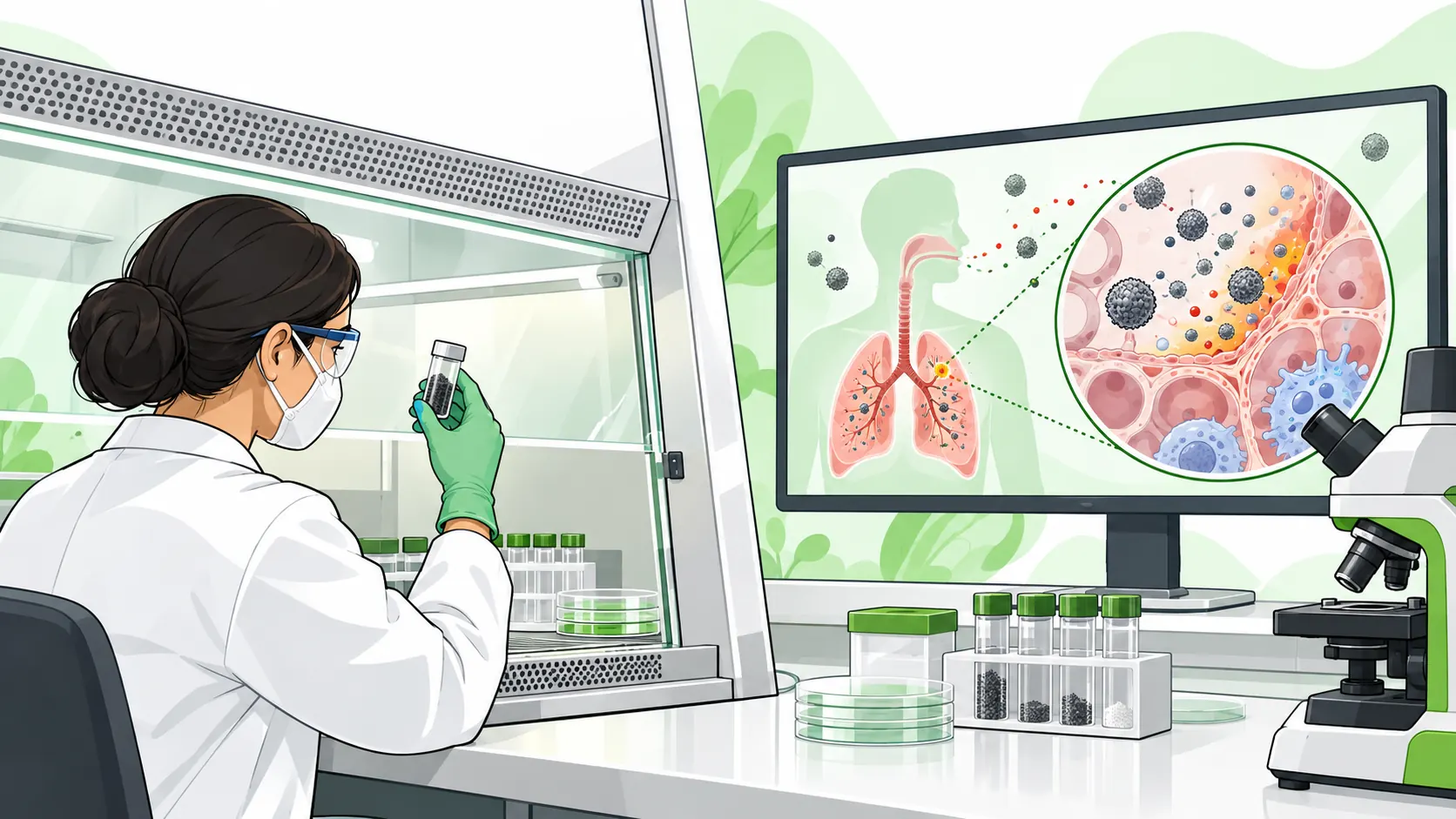 Researcher examines a sealed nanomaterial sample beside a conceptual illustration of nanoparticles interacting with lung tissue.