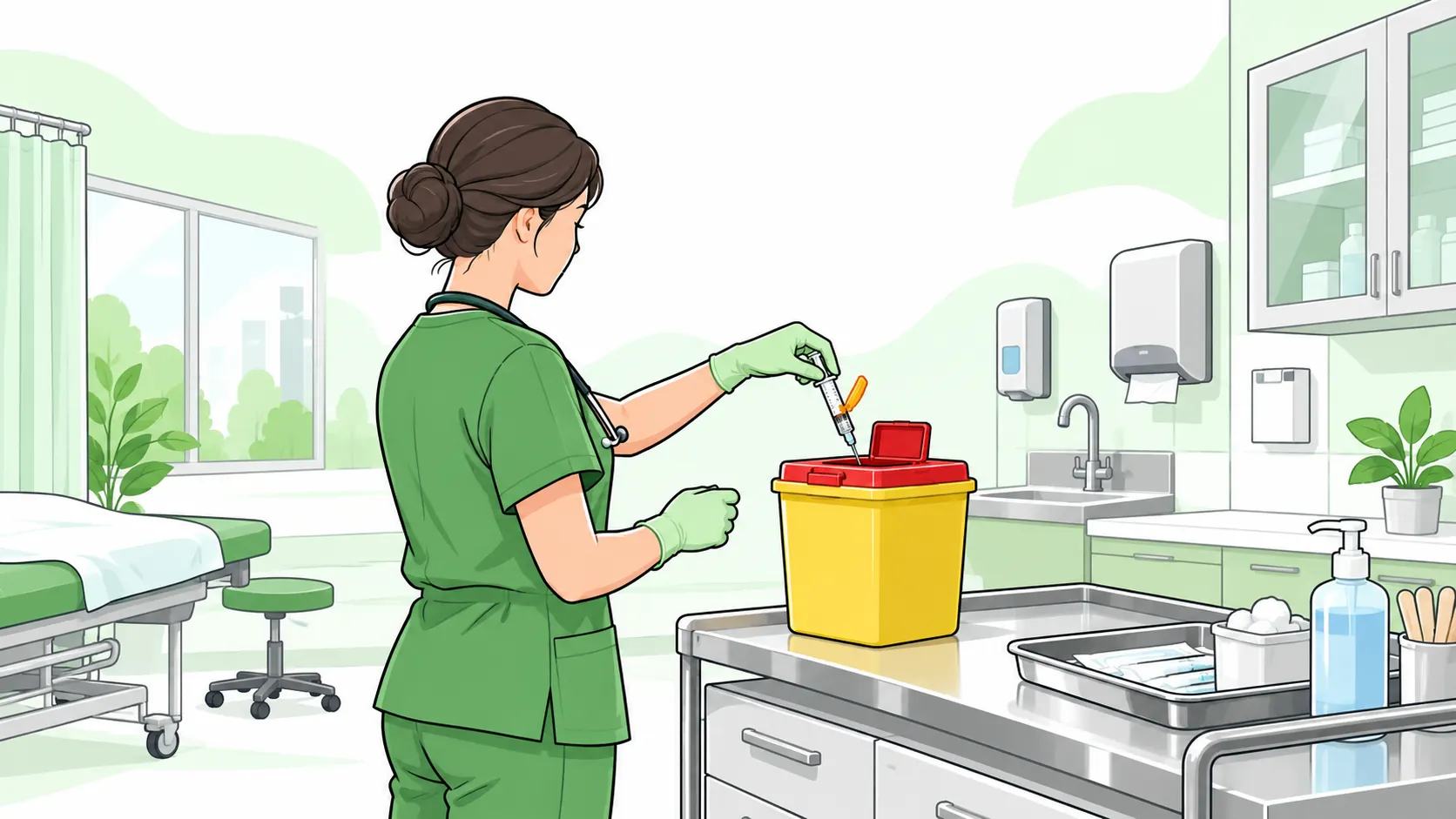 Healthcare worker wearing gloves disposes of a used syringe in a point-of-use sharps container beside handwashing facilities.
