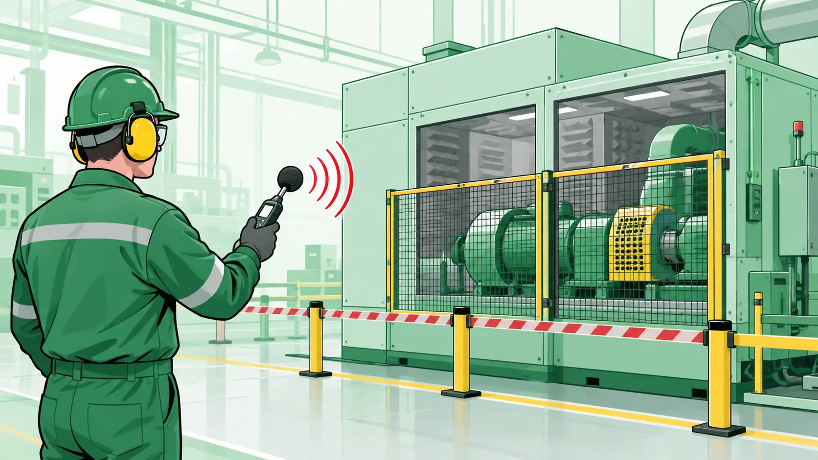 Worker wearing yellow hearing protection measures sound beside a guarded factory machine and acoustic enclosure, without entering the marked hazard zone.