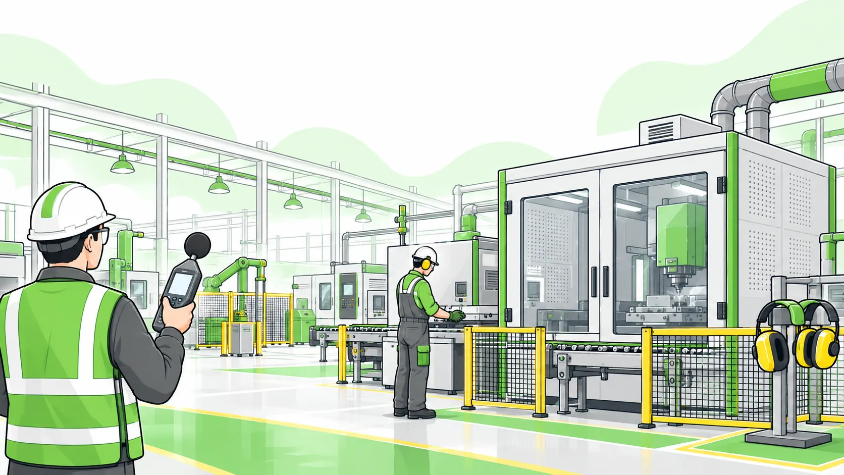 A safety assessor measures factory noise beside an acoustic machine enclosure while a worker wears hearing protection.