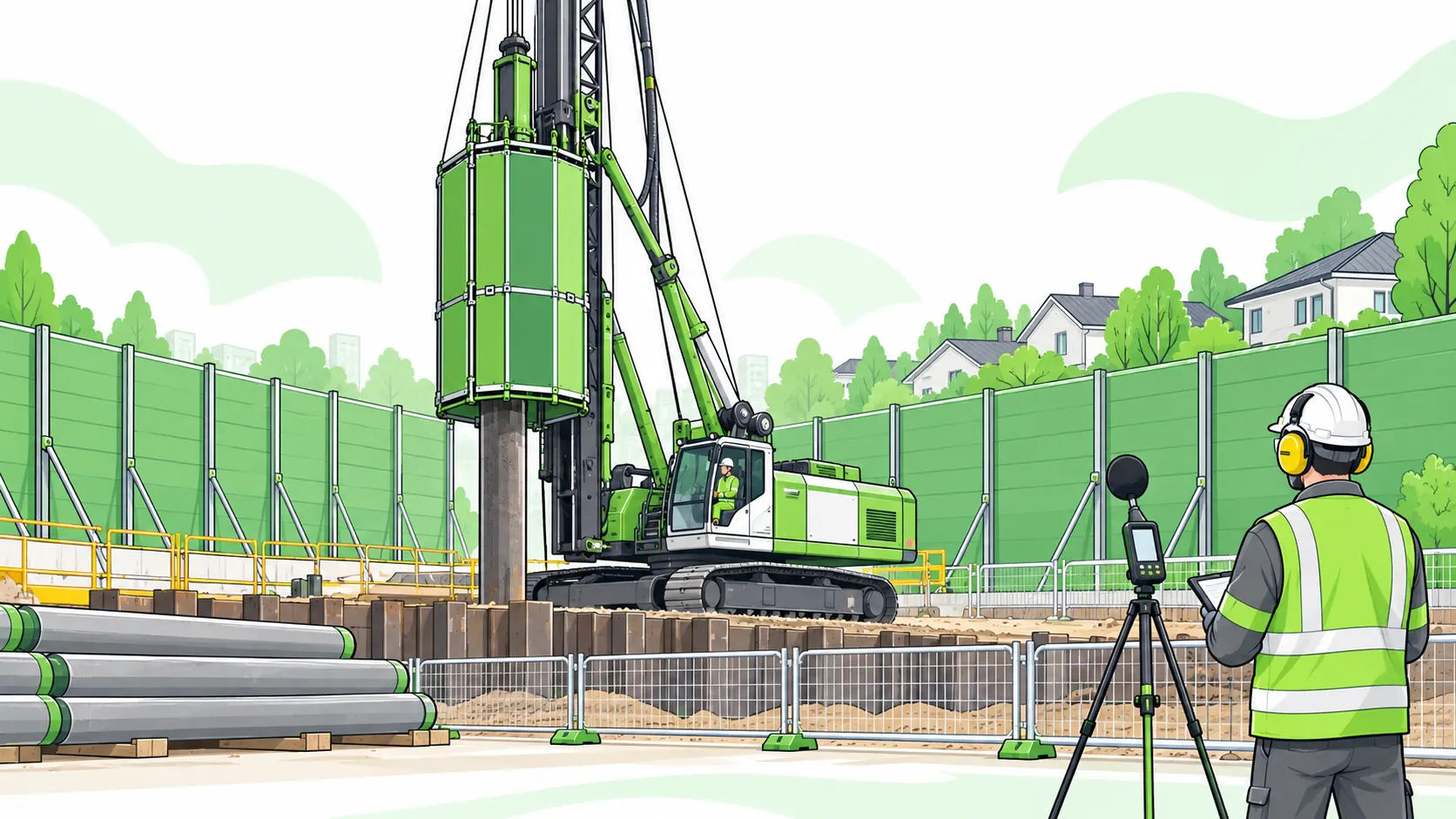 Piling rig operates with an acoustic shroud and perimeter noise barriers while a hearing-protected worker monitors sound outside the exclusion area.