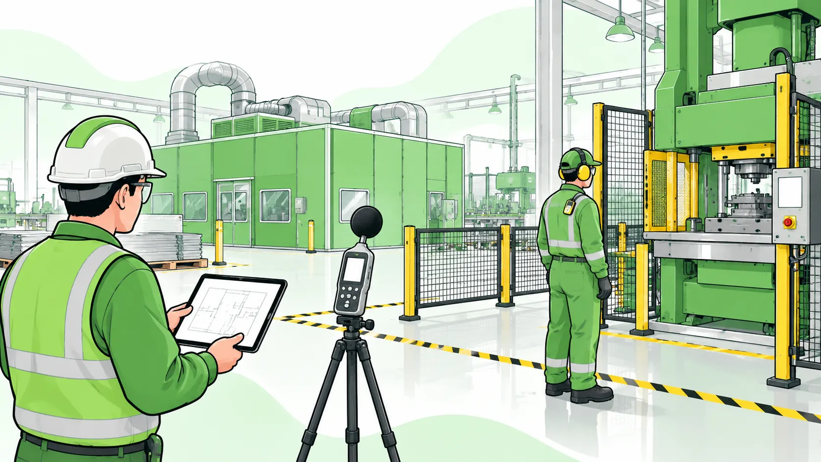 HSE assessor measures factory noise with a tripod sound meter while a hearing-protected worker wears a personal dosimeter near guarded machinery.