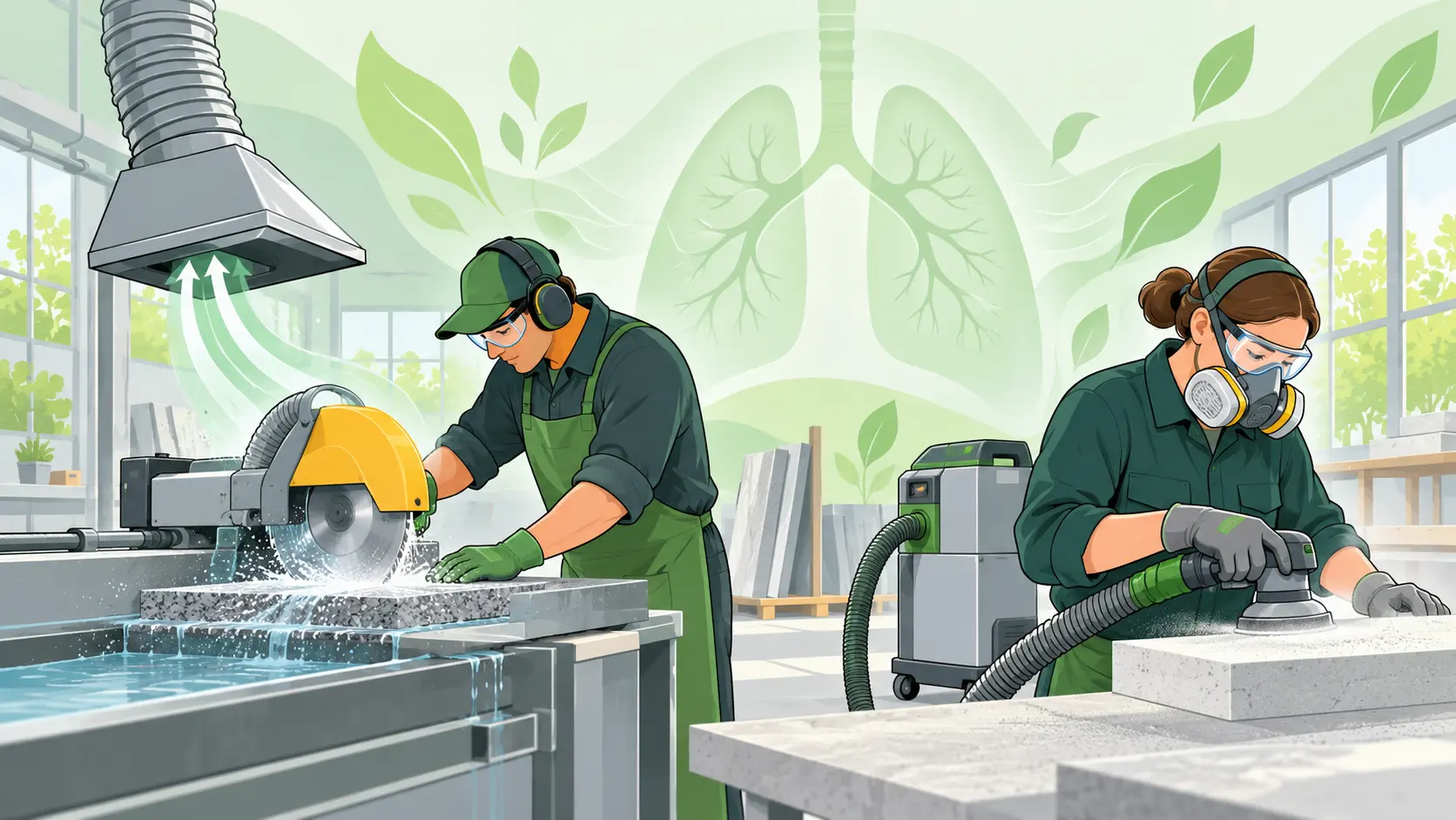 Workers use wet cutting, local exhaust ventilation and respiratory protection to control occupational lung disease hazards in a stone workshop.