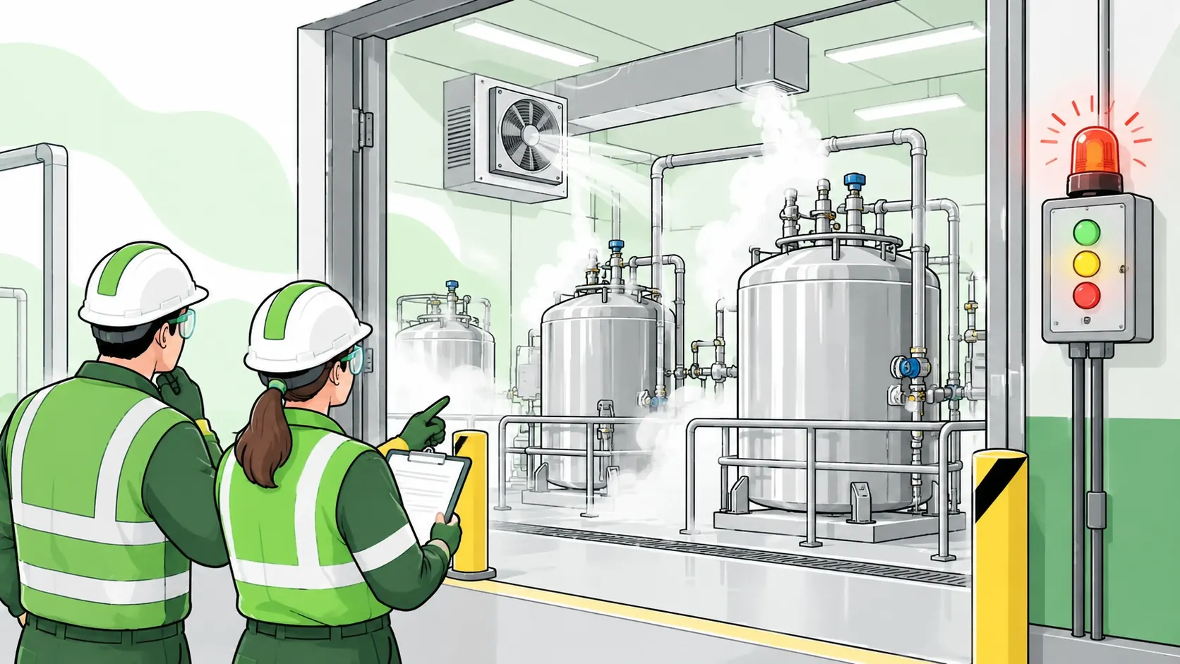 Workers stay outside a cryogenic storage room while assessing an oxygen-monitor alarm beside ventilated vessels.