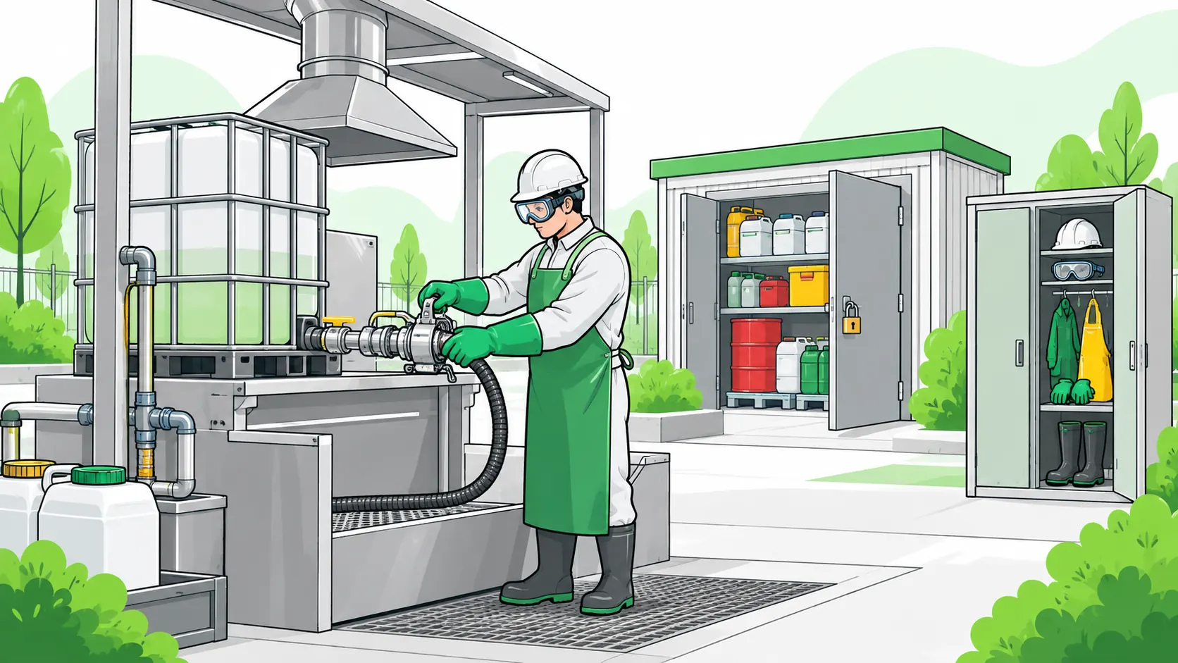 Protected worker checks a closed pesticide transfer system beside segregated chemical storage and a separate clean PPE locker.