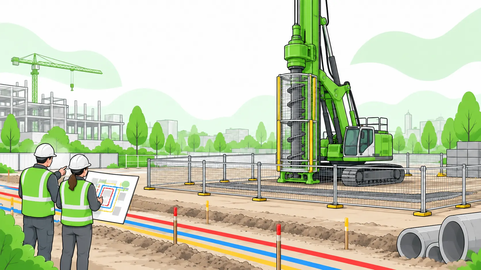 Supervisors review a piling site plan outside a fenced working area containing a guarded piling rig on a prepared platform.