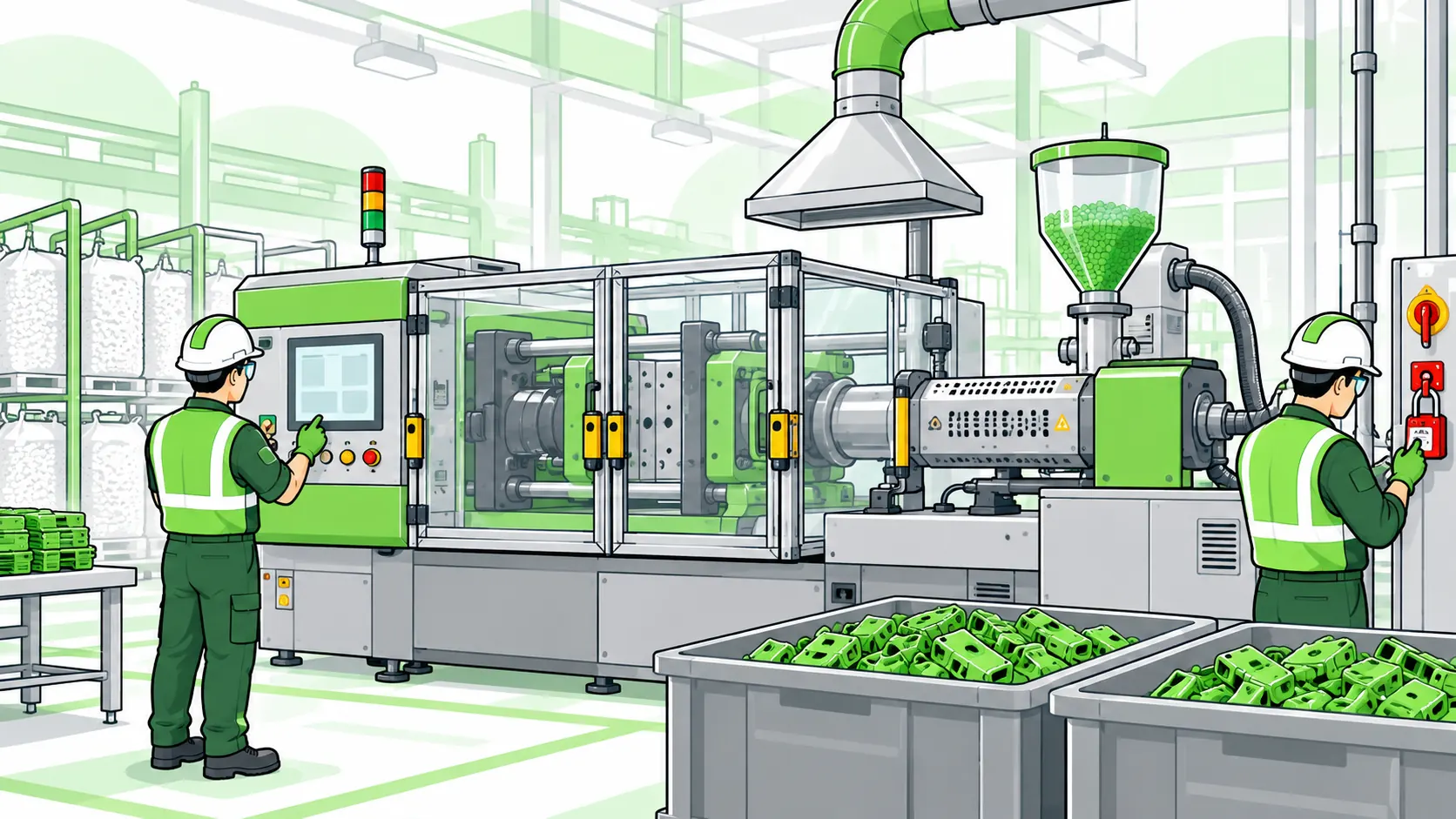 Plastics factory workers check a guarded injection moulding machine and isolation lock beside extraction equipment and finished plastic components.