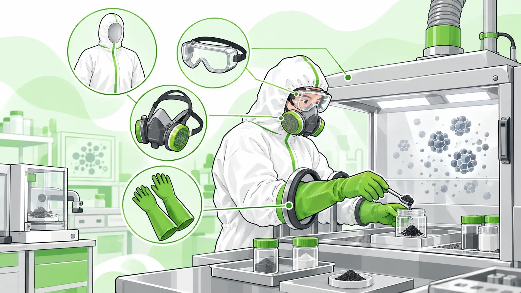 Nanomaterial worker wears protective coveralls, sealed goggles, a respirator and extended-cuff gloves at a ventilated workstation, with PPE illustrated in callouts.