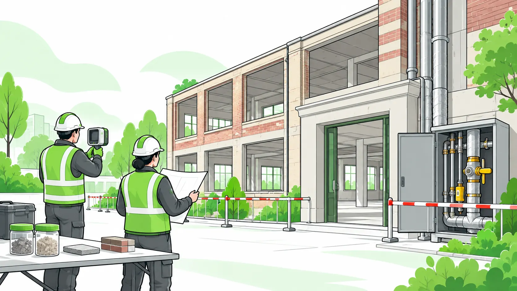 Surveyors examine an intact building, review structural drawings and check isolated services before demolition begins.