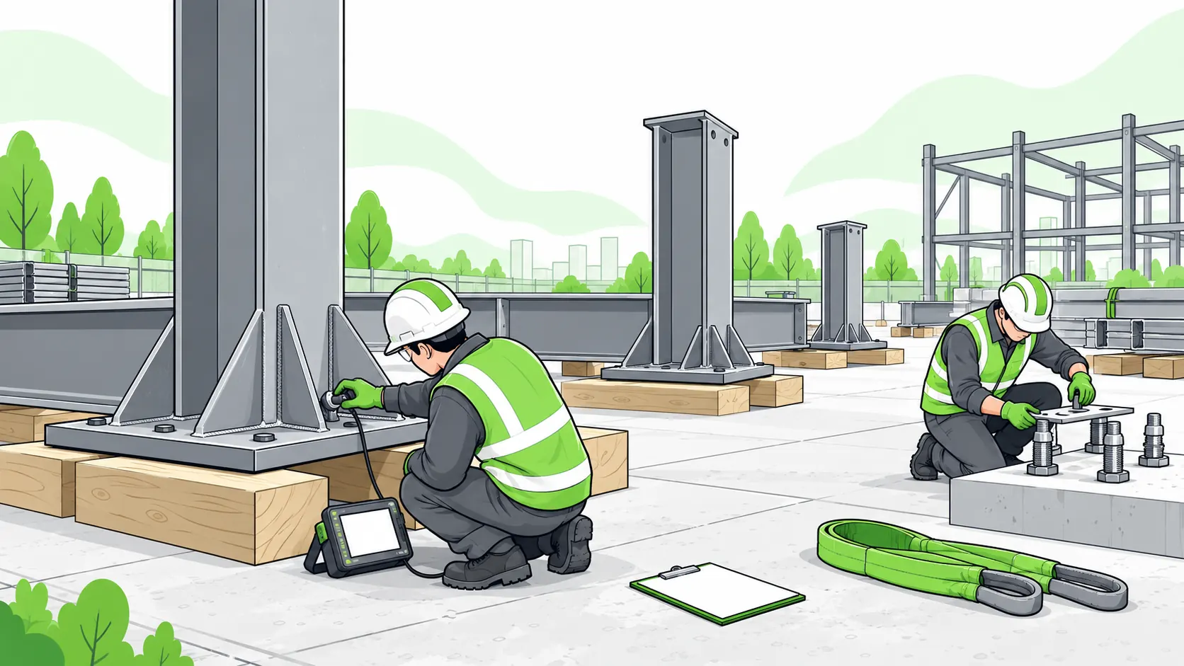 Inspectors check a fabricated steel baseplate and welds at ground level and verify foundation anchor bolts before erection.