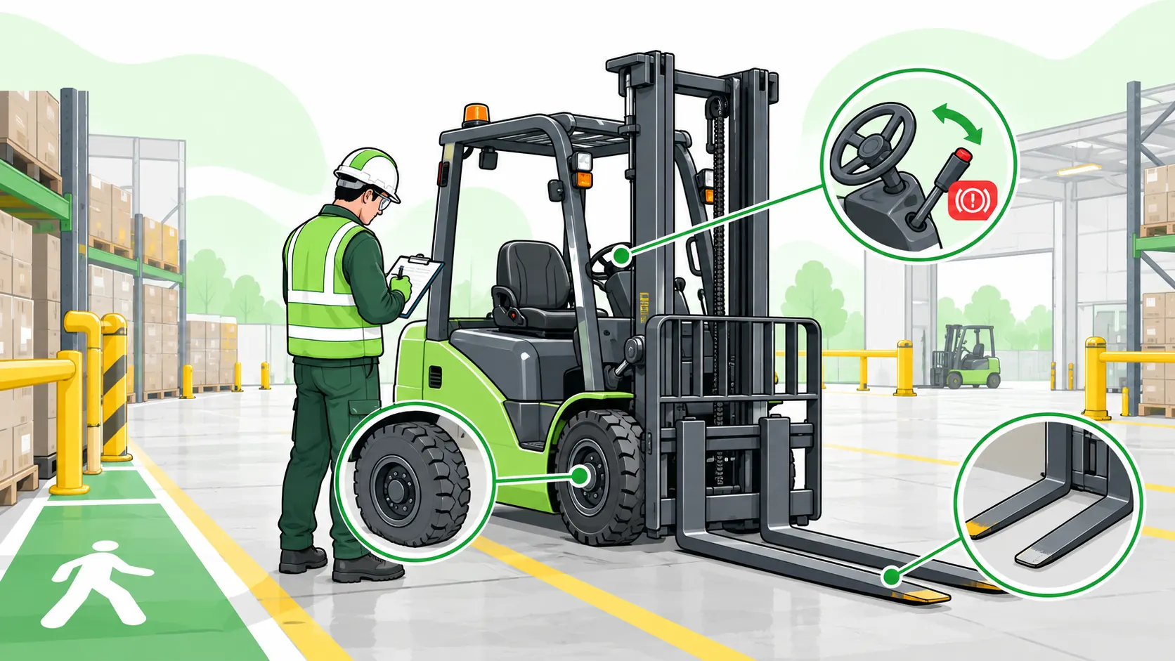 Operator checks a stationary forklift before use, focusing on tyres, lowered forks and controls.