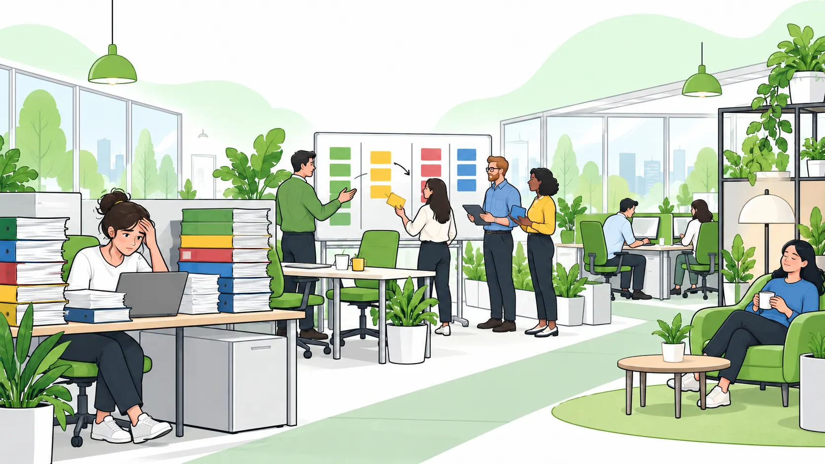 An office team reviews workload distribution and improves work arrangements beside quiet work and rest spaces to manage psychosocial risks.