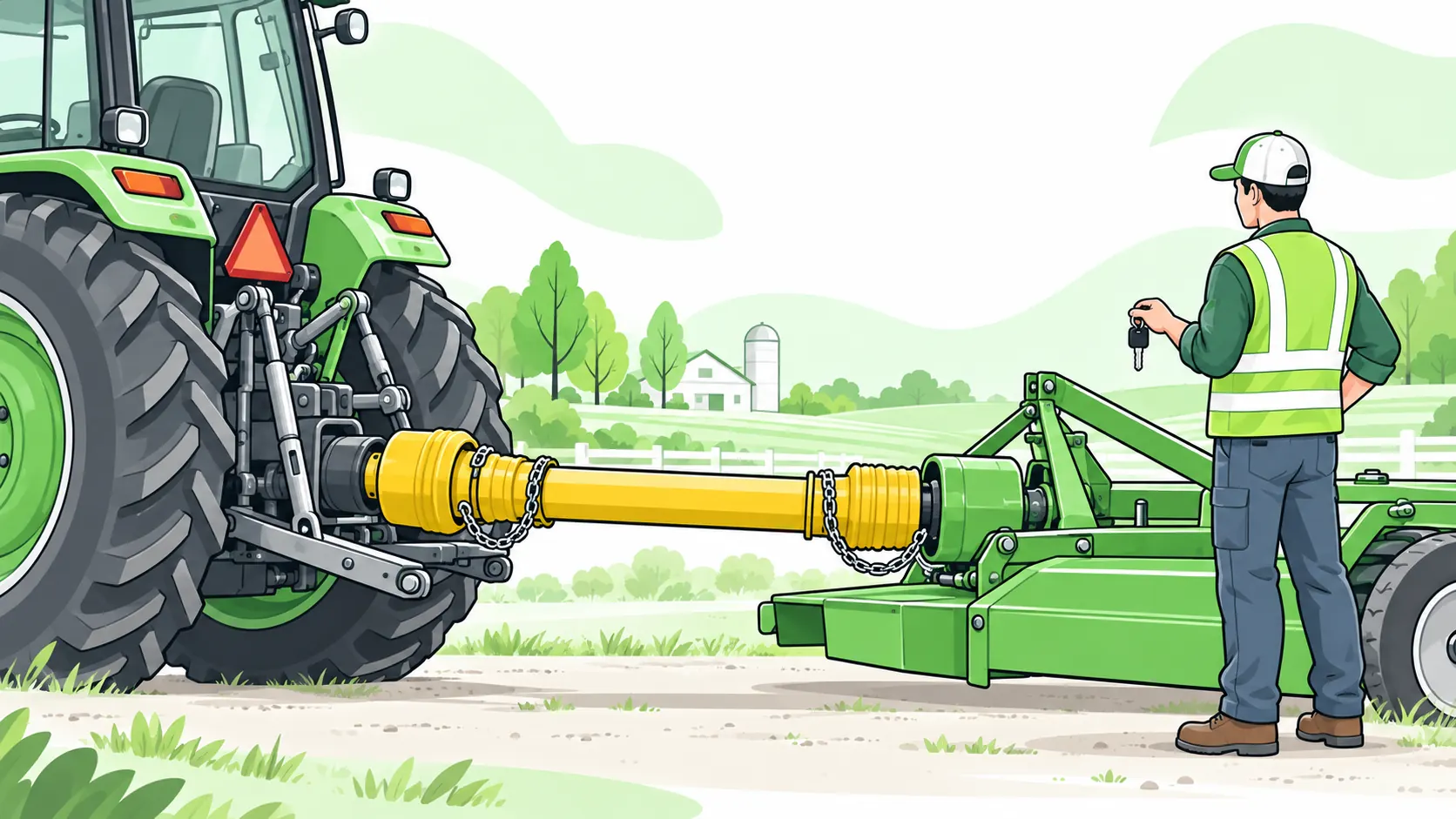 Farm worker holds the removed tractor key while inspecting a fully guarded PTO driveline connecting a tractor and implement.