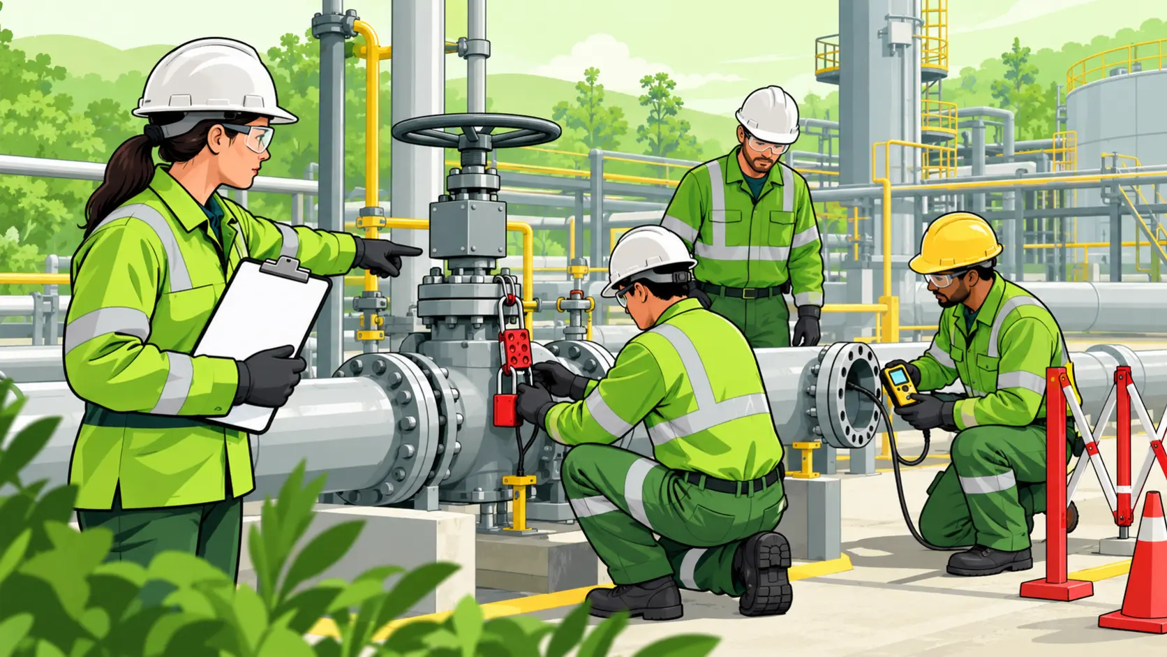 A permit holder and work crew verify isolation, lockout and gas testing controls at an industrial valve work area before starting work.