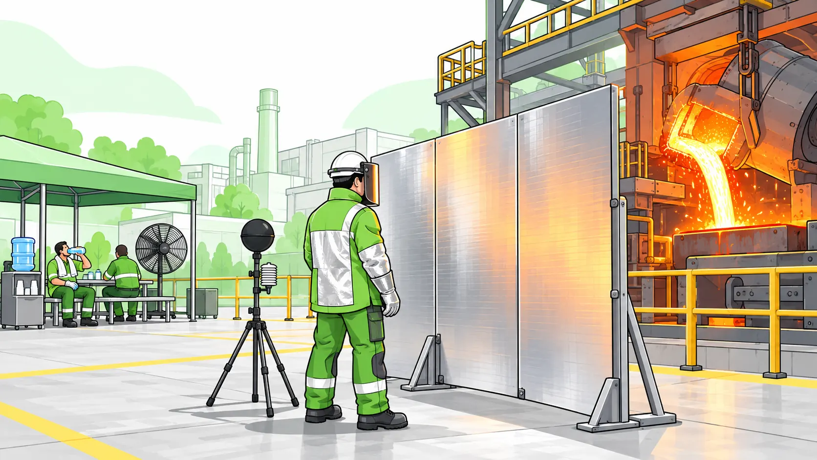 Foundry worker stands behind a reflective radiant-heat shield beside a globe-temperature monitor and a cooling rest area.