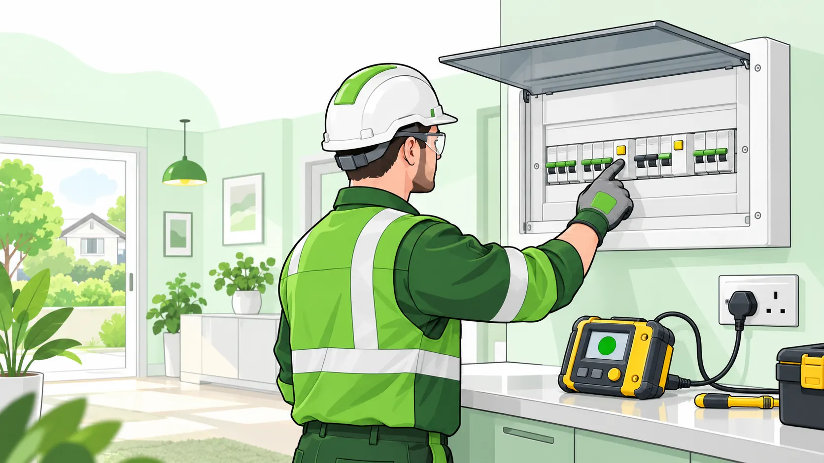 Electrician tests a residual-current protective device at a covered distribution board with a portable RCD tester connected to a socket.