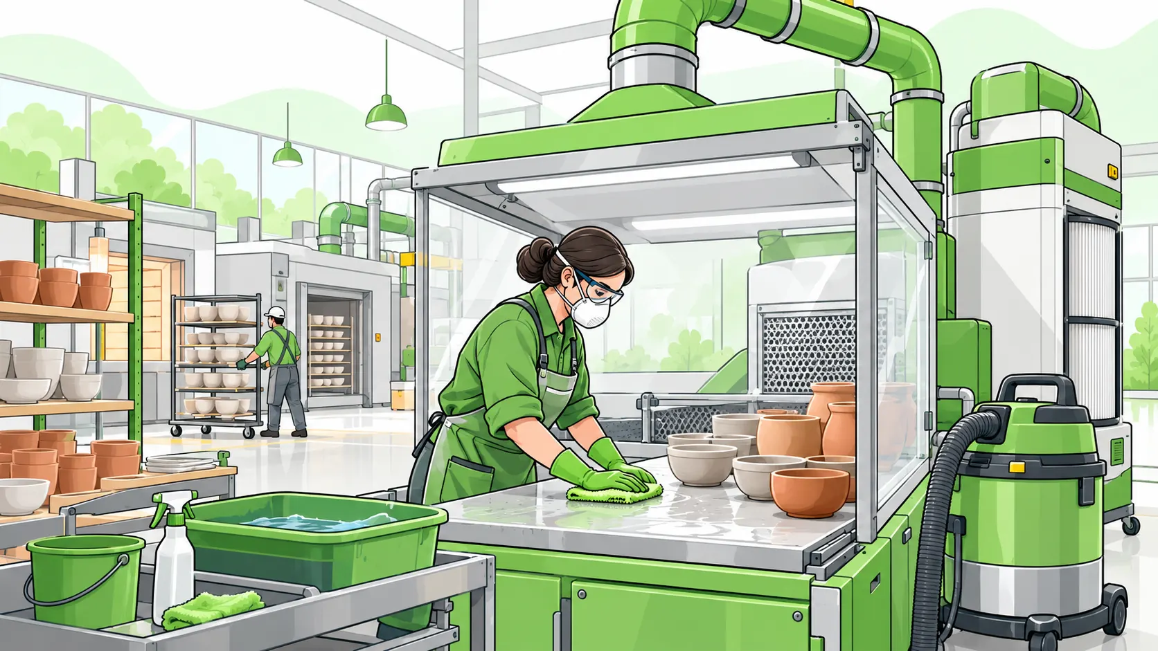 Ceramics worker wet-cleans a ventilated workstation beside pottery and a filtered vacuum to control silica dust.