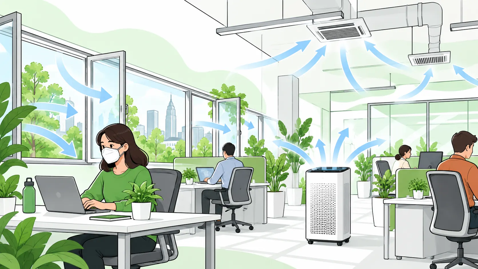 Office workers use a well-ventilated workspace with portable air filtration and respiratory protection.