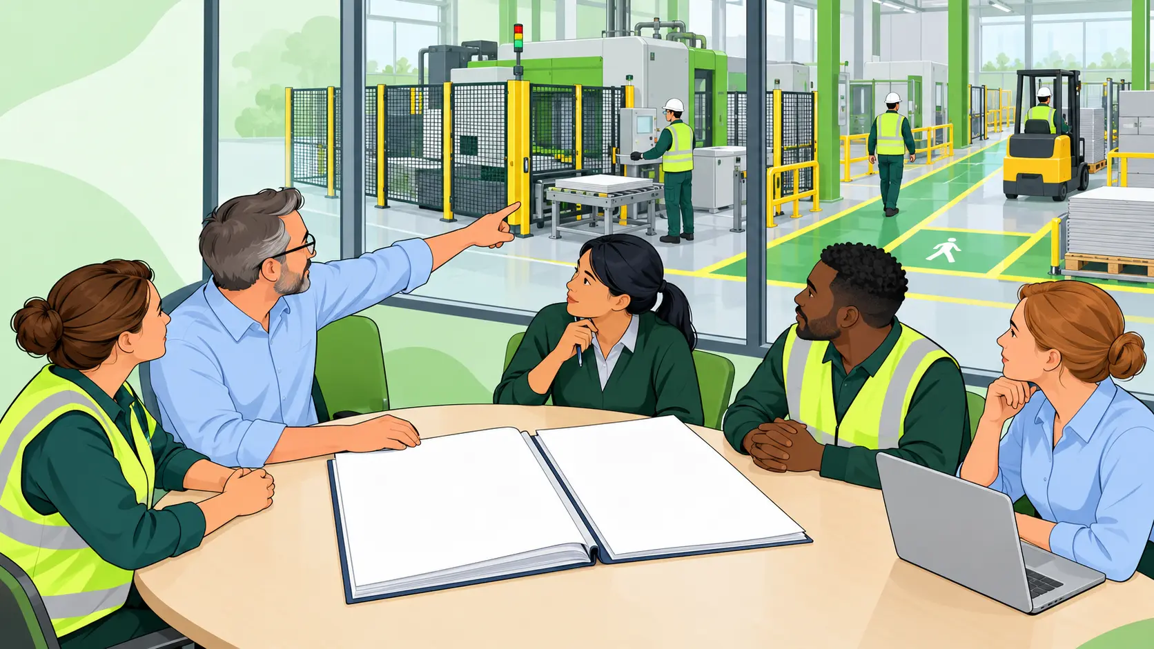 A management-worker committee reviews a health and safety policy against updated machine guarding, pedestrian segregation and workplace processes.