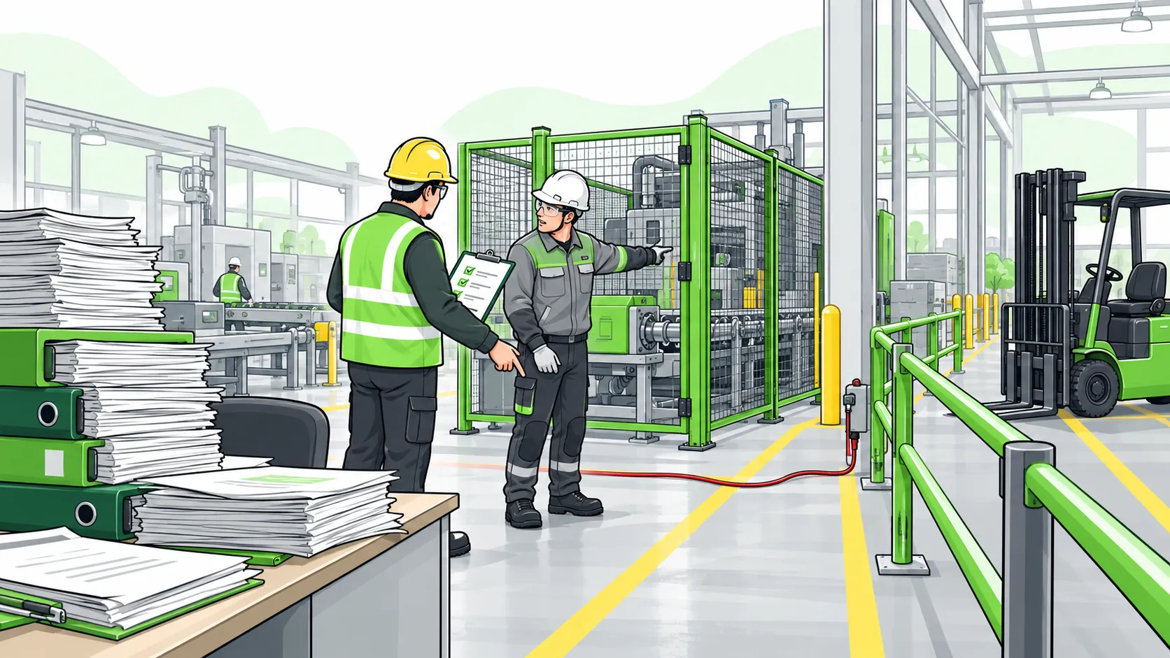 Safety assessor and worker review machine guarding and identify a trailing cable hazard in a factory, with risk assessment paperwork in the foreground.