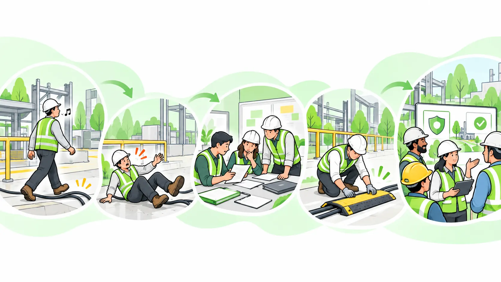 Five connected workplace scenes illustrate safety culture progressing from overlooked hazards to proactive controls and shared teamwork.