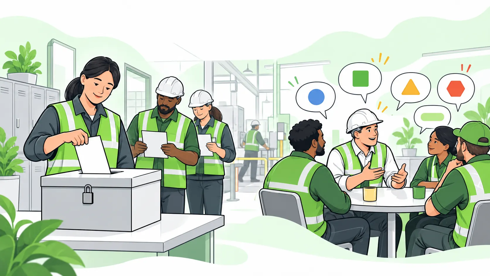 Workers submit anonymous safety survey forms to a locked collection box while colleagues discuss workplace feedback.