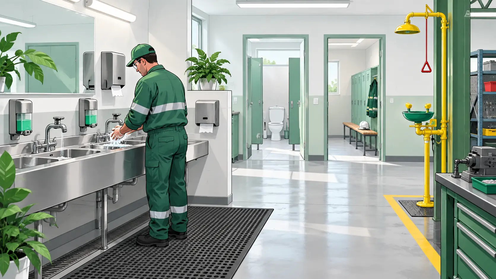 Worker washes hands at a stainless workplace sink beside soap and towel dispensers, with a clean welfare room and emergency eyewash nearby.