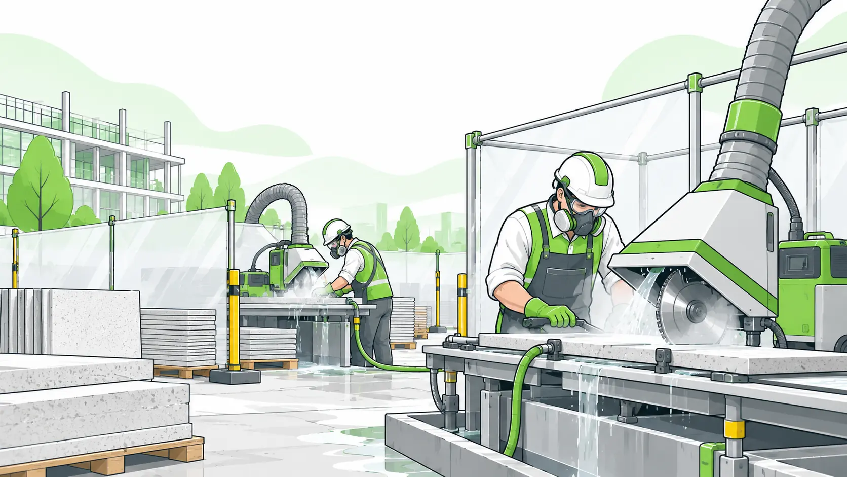 Stone workers use wet cutting and local exhaust extraction to control respirable silica dust while wearing suitable respiratory protection.