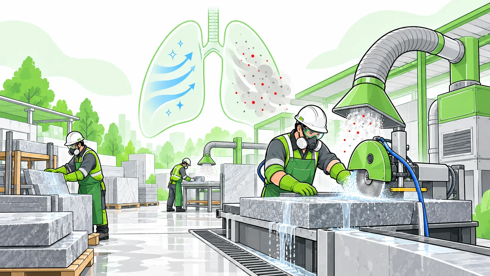 Protected stone workers use wet cutting and local extraction to control respirable silica dust in a workshop.