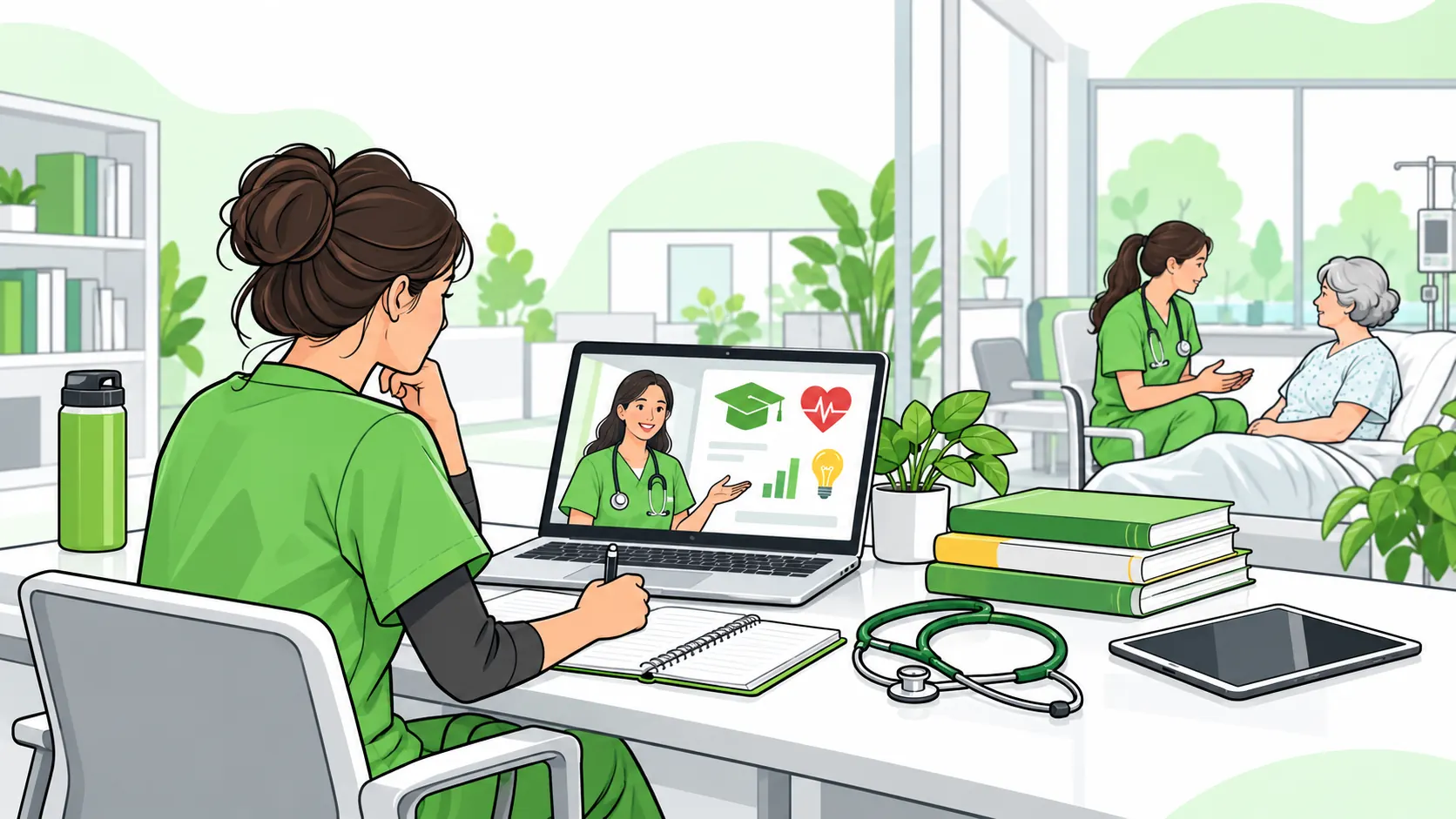 Nurse studies an online lesson at a laptop while another nurse communicates with a patient in a hospital setting.