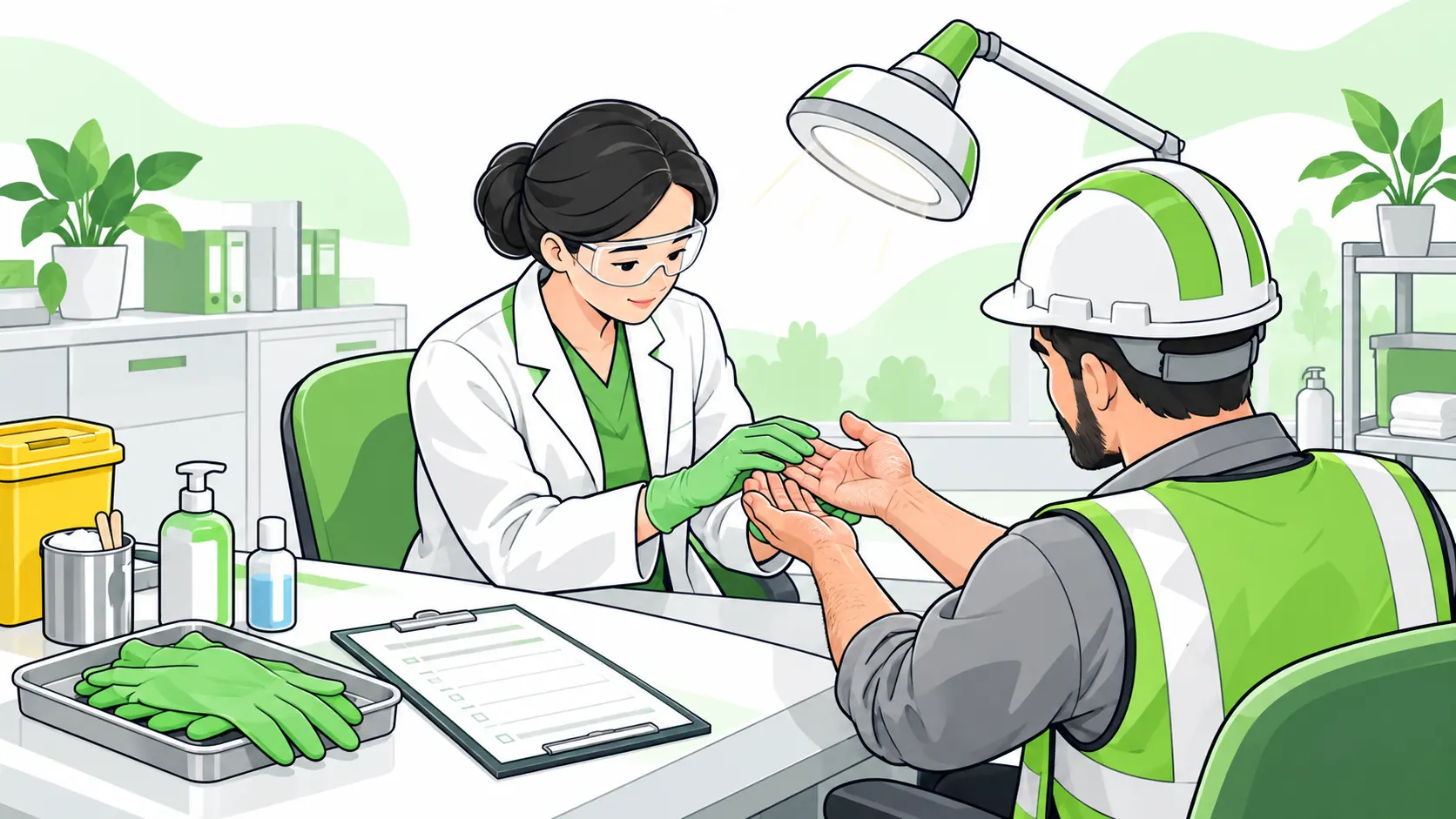 Occupational health professional examines a worker's hands under an inspection lamp beside a skin-check form and protective gloves.